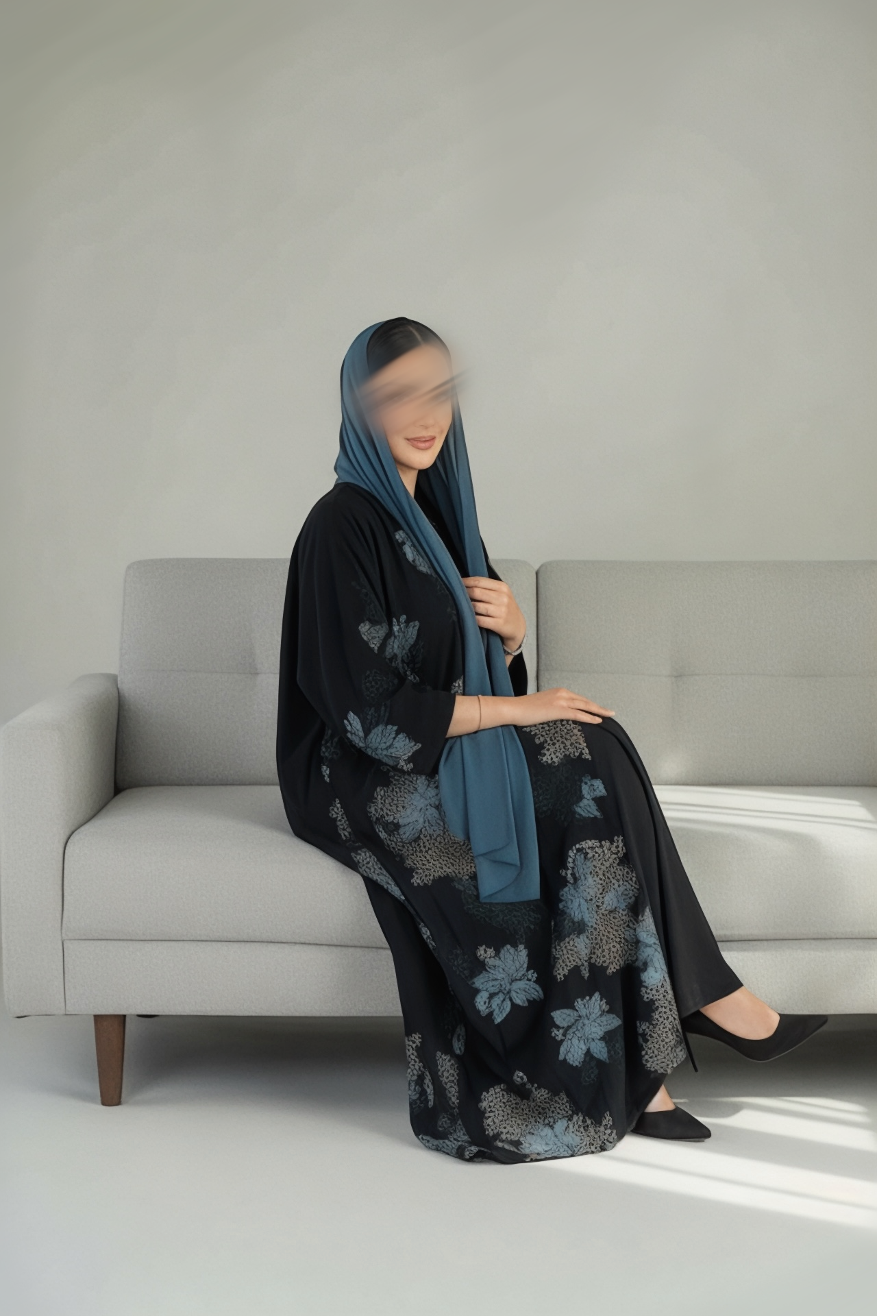 عبايه شيفون بتطريز تركوازي وذهبي