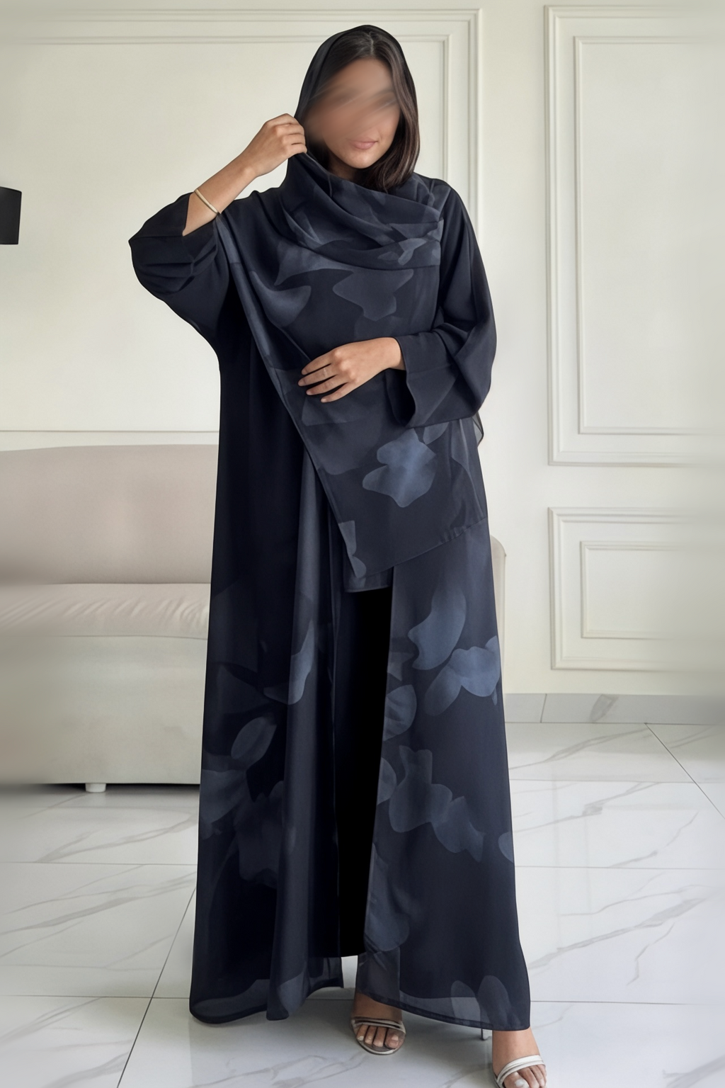 عبايه شيفون مطبوع كحلي