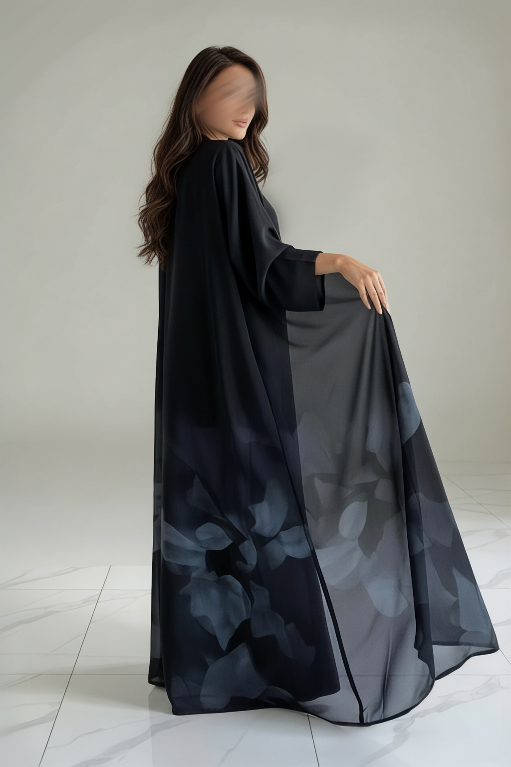 عبايه شيفون مطبوع كحلي