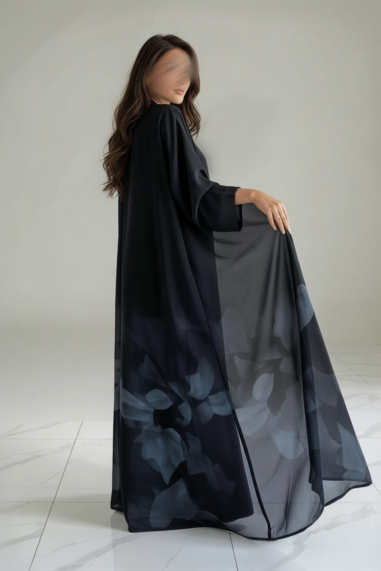 عبايه شيفون مطبوع كحلي