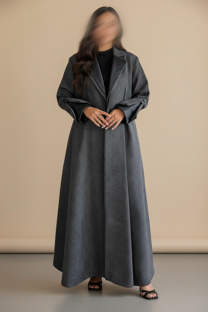 عبايه شتويه رصاصي مع تدخيلات جلد