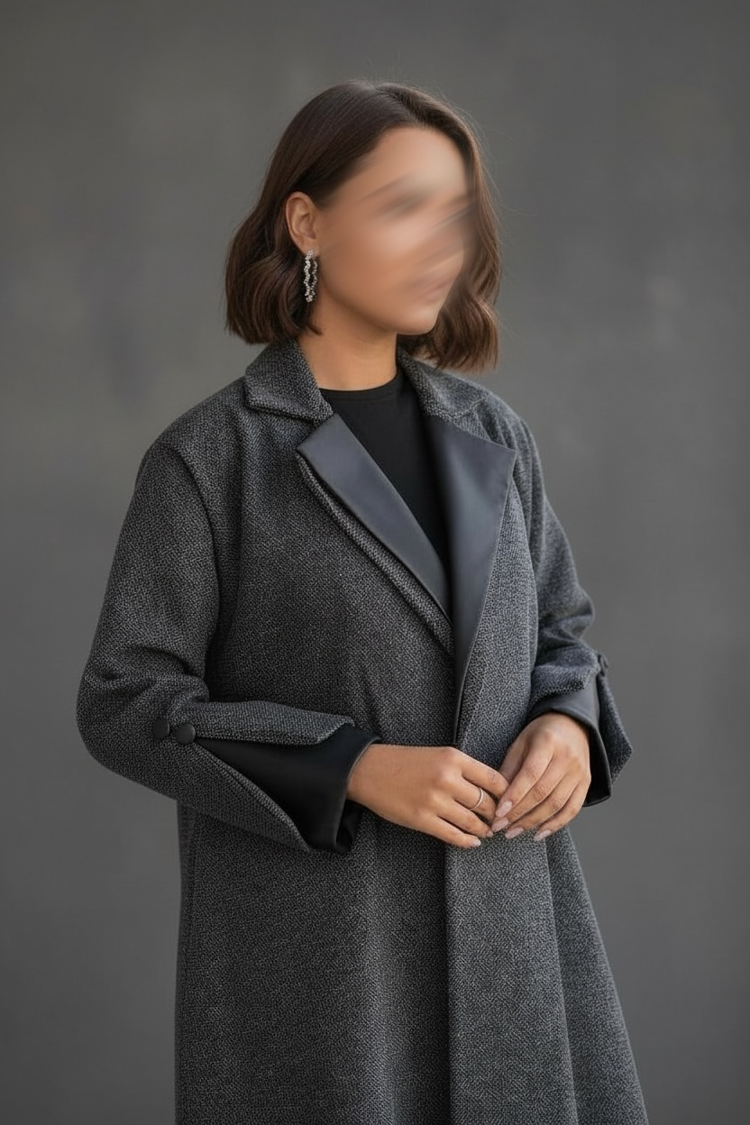 عبايه شتويه رصاصي مع تدخيلات جلد