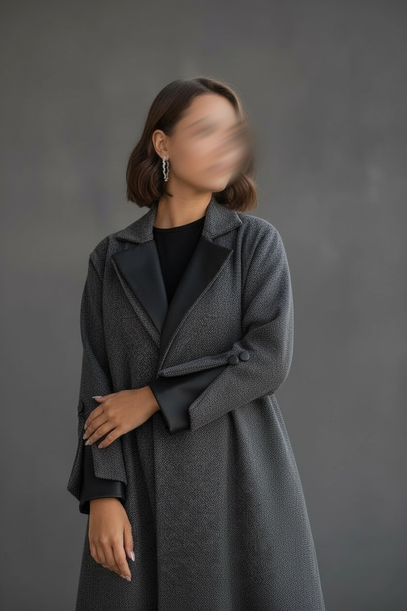 عبايه شتويه رصاصي مع تدخيلات جلد