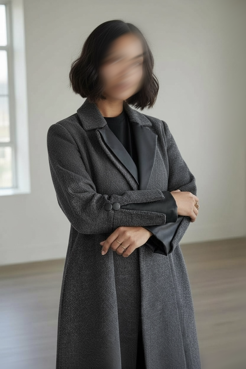 عبايه شتويه رصاصي مع تدخيلات جلد