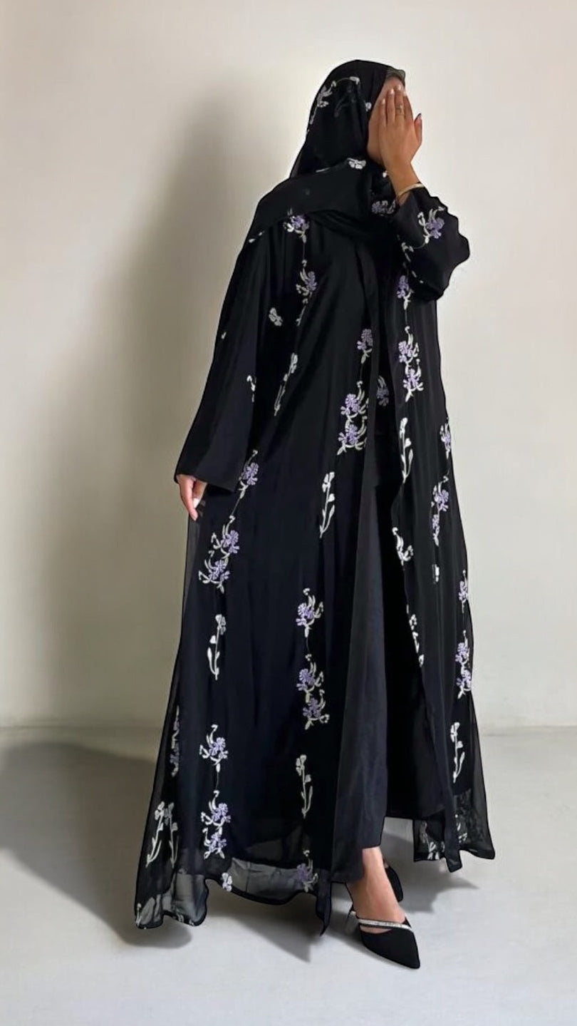 عبايه شيفون كلوش بتطريز ورود بنفسجيه
