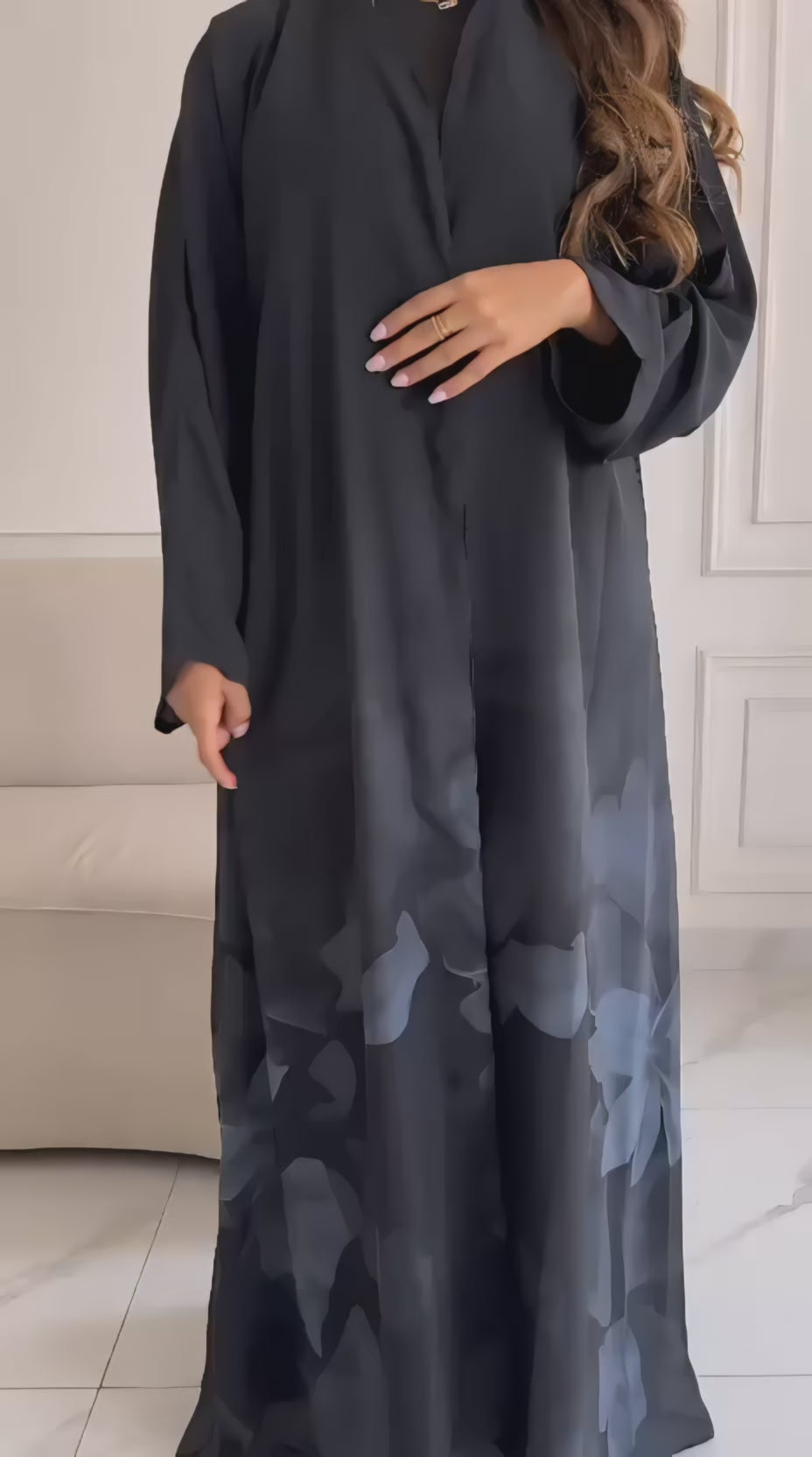 عبايه شيفون مطبوع كحلي